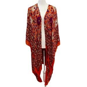 Free People Magic Dance Border Kimono In Mandarin Red Combo Duster OS Boho Vacay